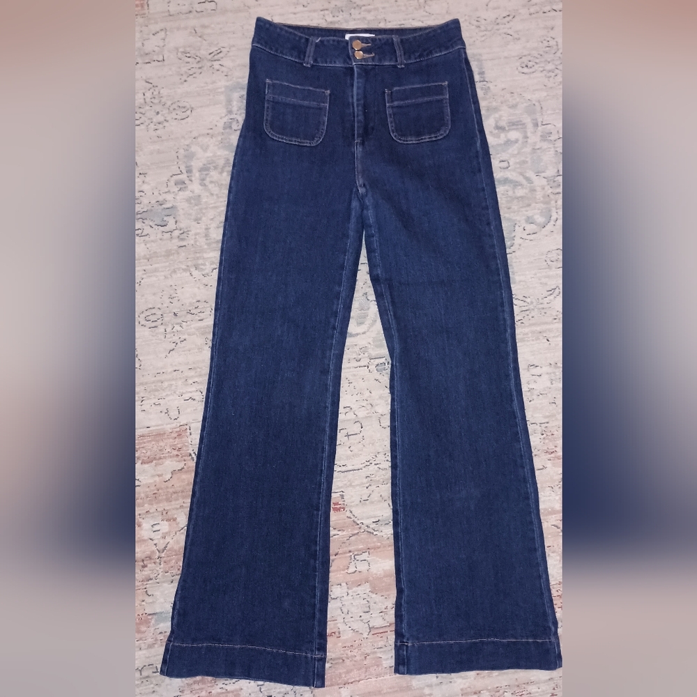 Oraije Paris flare Leg patch Pockets high Waist women's Jeans Size Med